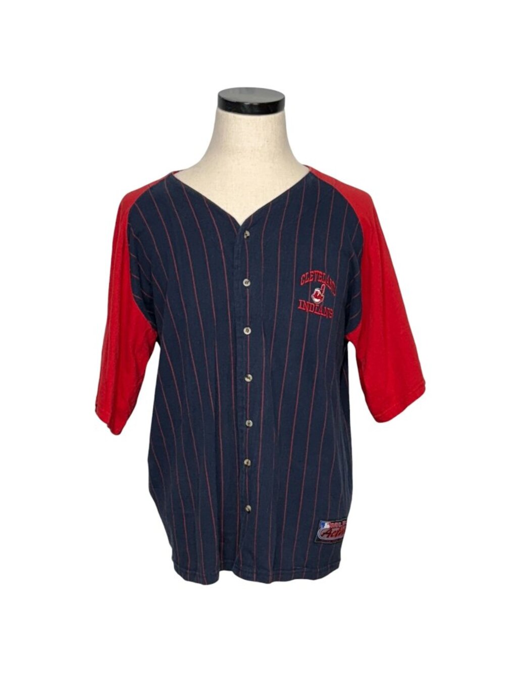 Cleveland Indians 90s Button-Up Baseball Jersey Navy & Red Pinstripe Raglan Slee